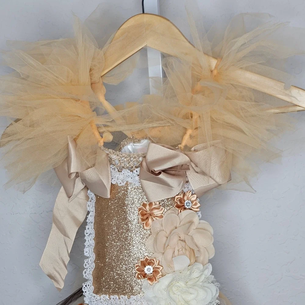 Mia Belle Girls Gold Orange Tulle Tutu Pageant Dress Size 5T Glitter Floral Bows